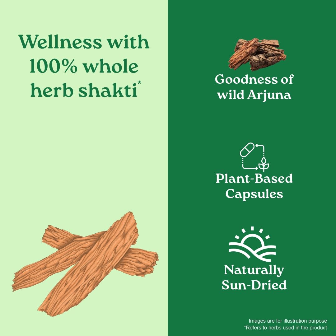 Product packaging with text about wellness, whole herb shakti, wild Arjuna, plant-based capsules, and naturally sun-dried.