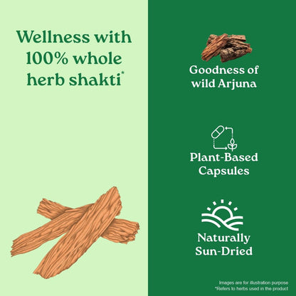 Product packaging with text about wellness, whole herb shakti, wild Arjuna, plant-based capsules, and naturally sun-dried.