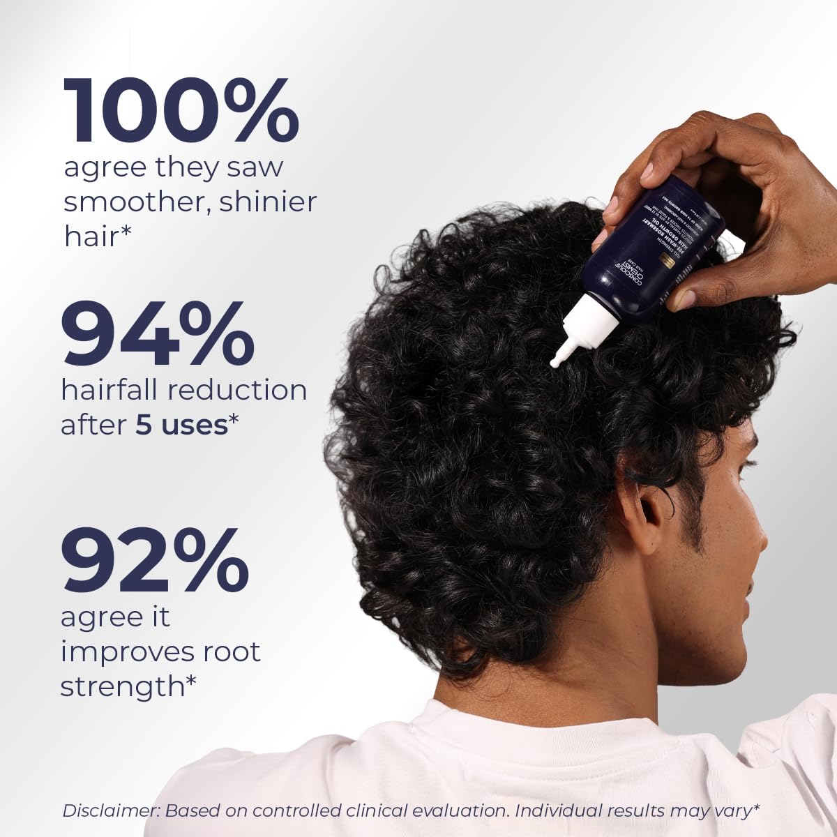 Person applying hair product with statistics on improved hair health.