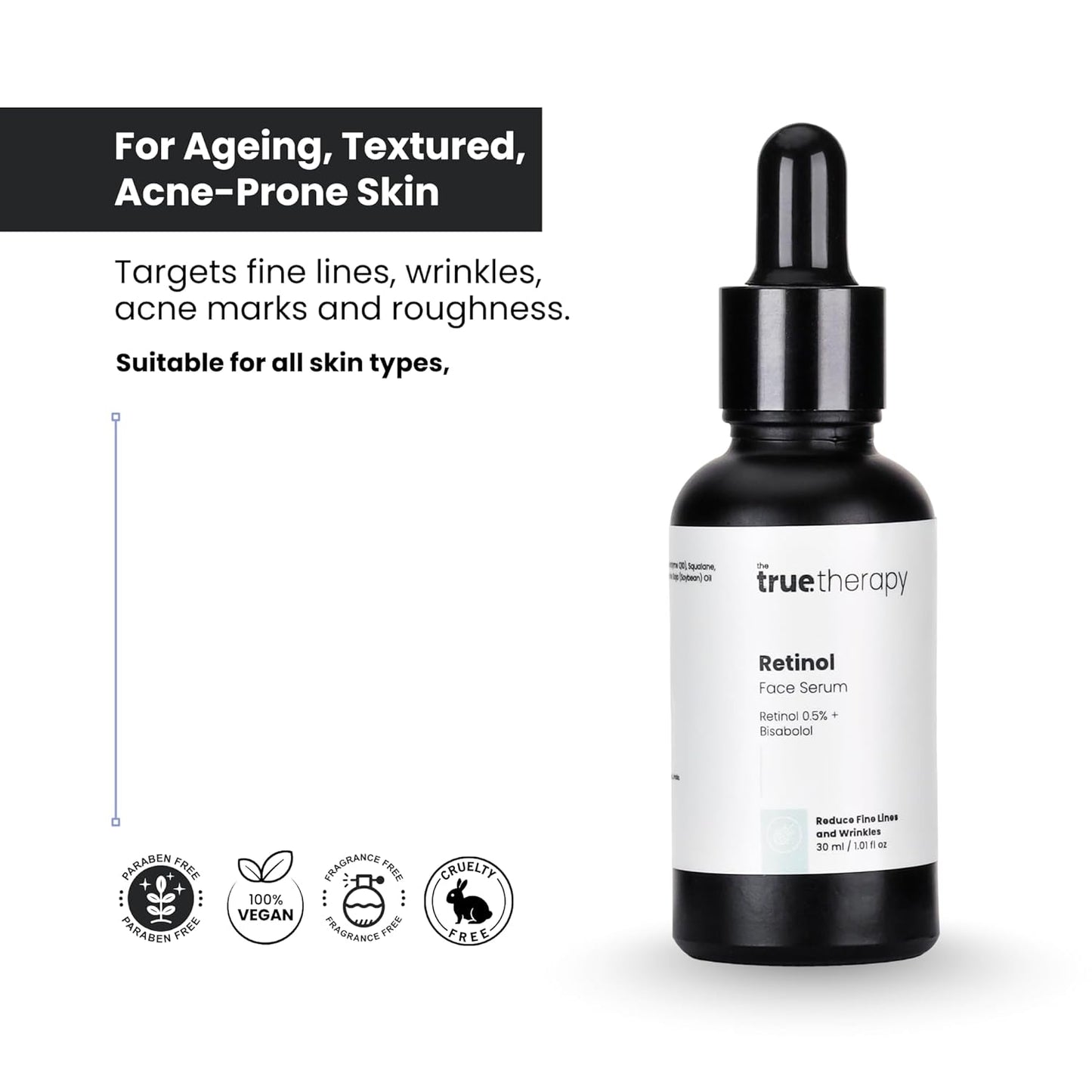 The True Therapy 0.5% Retinol Face Serum for Anti-Aging, Lightweight Night Face Serum with Retinol, Bisabolol & Squalane Reduce Fine Lines & Wrinkles | For Women & Men – 30 ml