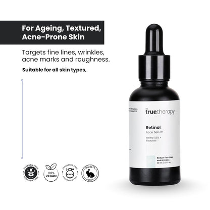 The True Therapy 0.5% Retinol Face Serum for Anti-Aging, Lightweight Night Face Serum with Retinol, Bisabolol & Squalane Reduce Fine Lines & Wrinkles | For Women & Men – 30 ml
