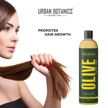 Woman holding hair with Urban Botanics olive oil bottle promoting hair growth.