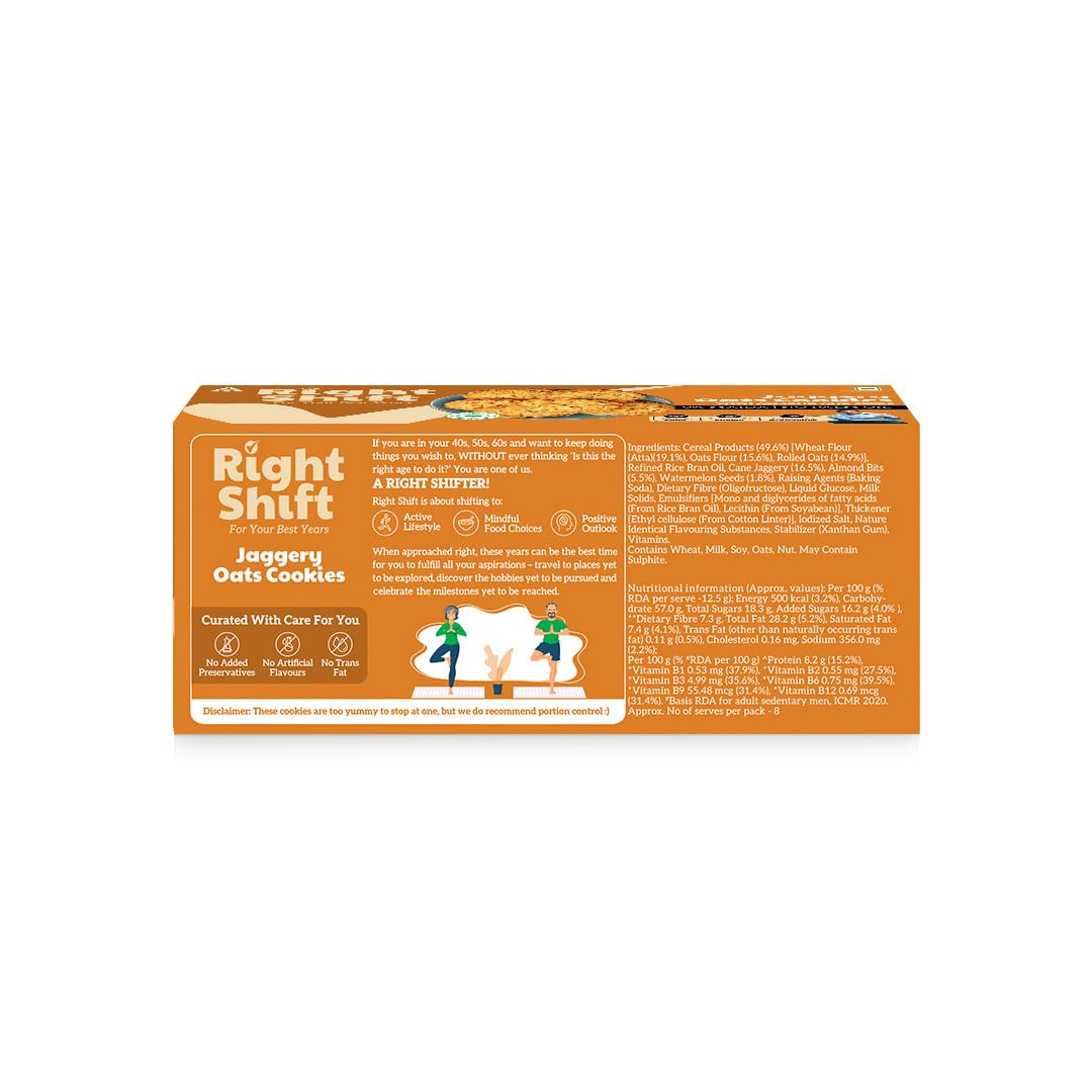 Right Shift Jaggery Oats Cookies, 100g| No Palm Oil, High Fibre Digestive| 3X Oats| 0% Maida, Refined Sugar| With Nuts & Seeds| Anytime Snack