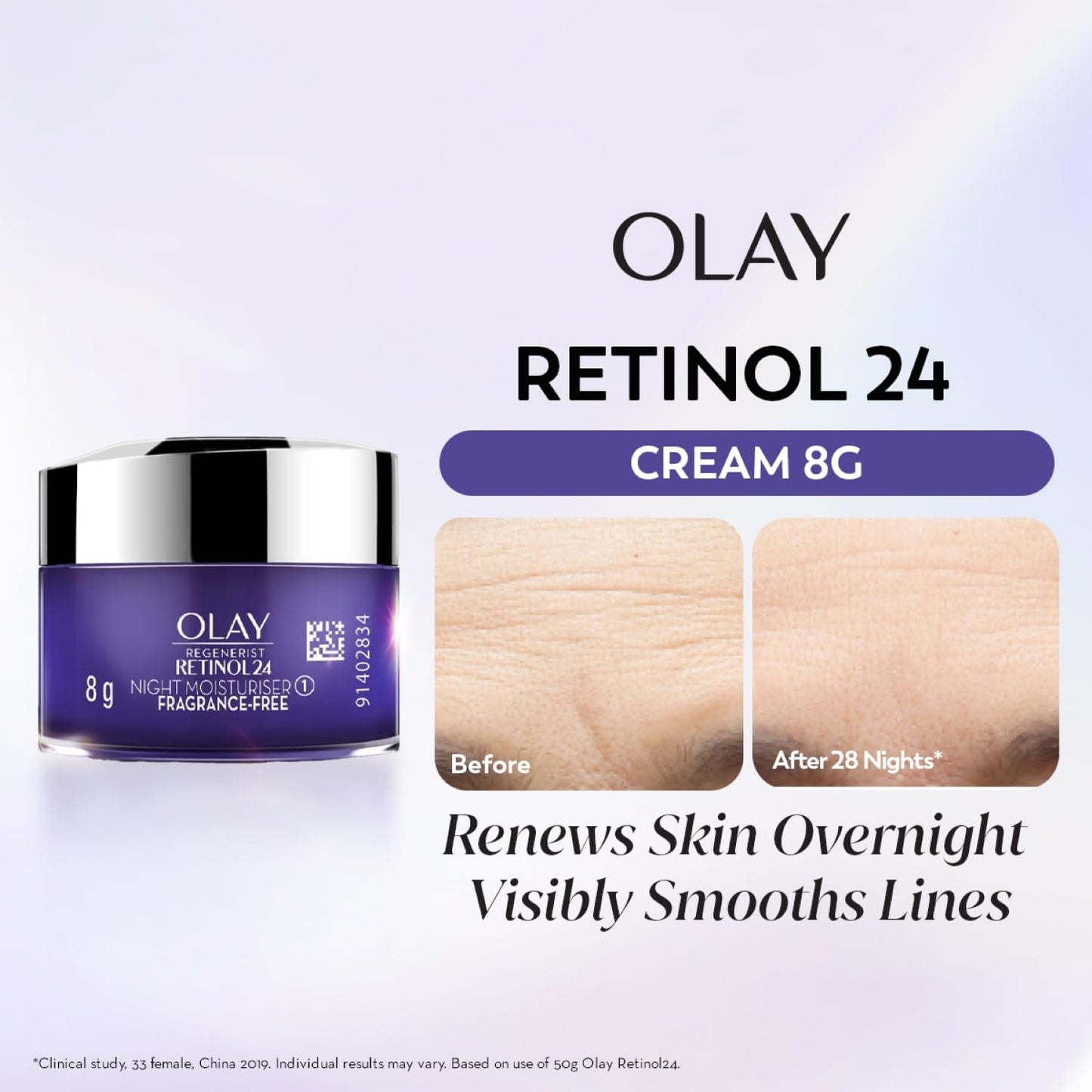 Olay Retinol 24 Cream packaging with before and after skin comparison on a light purple background