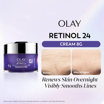 Olay Retinol 24 Cream packaging with before and after skin comparison on a light purple background
