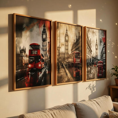 London City Wall Painting Set of 3 with Wooden Frames | Big Ben & Red Bus London Street Artwork HD Sparkle Laminated MDF Wall Decor | Modern Travel Wall Art for Living Room