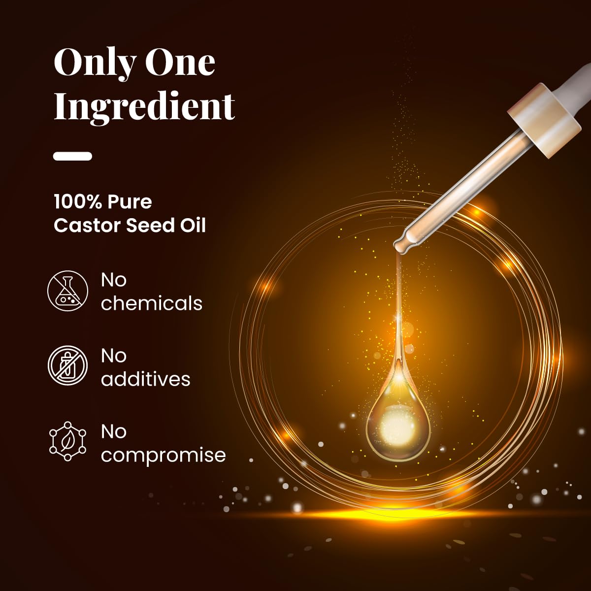 Dropper with a drop of oil on a dark background, promoting 100% pure castor seed oil.