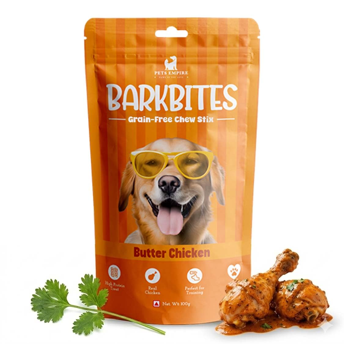 PETS EMPIRE BARKBITES Butter Chicken Dog Chew Sticks | Grain-Free Soft Dog Treats | High Protein Training Snacks| Made with Real Chicken | Healthy & Tasty Chews | 100g