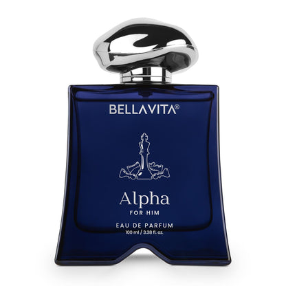 Blue Bellavita Alpha for Him Eau de Parfum bottle on a white background