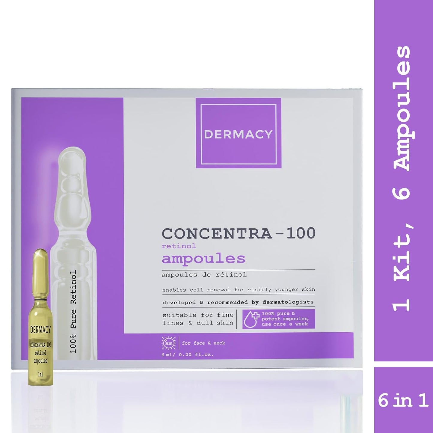Dermacy Concentra -100 Retinol Ampoule | 100% Pure Retinol | Anti-ageing | Fine Lines | Younger Skin | 6 Ampoules In One Kit | For Women & Men | All Skin Types