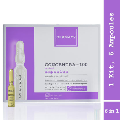 Dermacy Concentra -100 Retinol Ampoule | 100% Pure Retinol | Anti-ageing | Fine Lines | Younger Skin | 6 Ampoules In One Kit | For Women & Men | All Skin Types