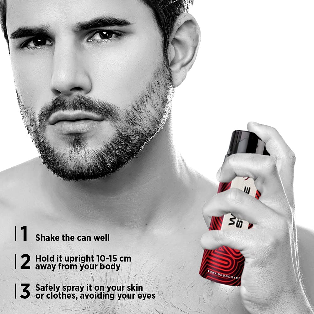 Man holding a red spray can with usage instructions on a white background