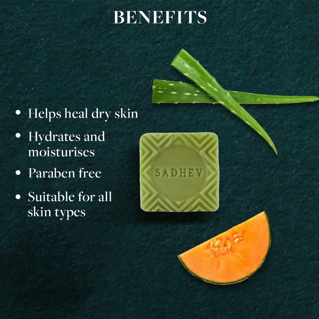 Sadhev Ayurvedic Luxury Soap Bar | Melon & Aloe Vera | Natural Loofah for Exfoliation | Sweet Almond & Wheat Germ Oil | Heals Dry Skin, Imparts Natural Glow | Handcrafted, Vegan, Cruelty Free | 125g