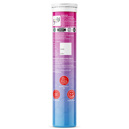 Supplement tube with purple and blue design on a white background