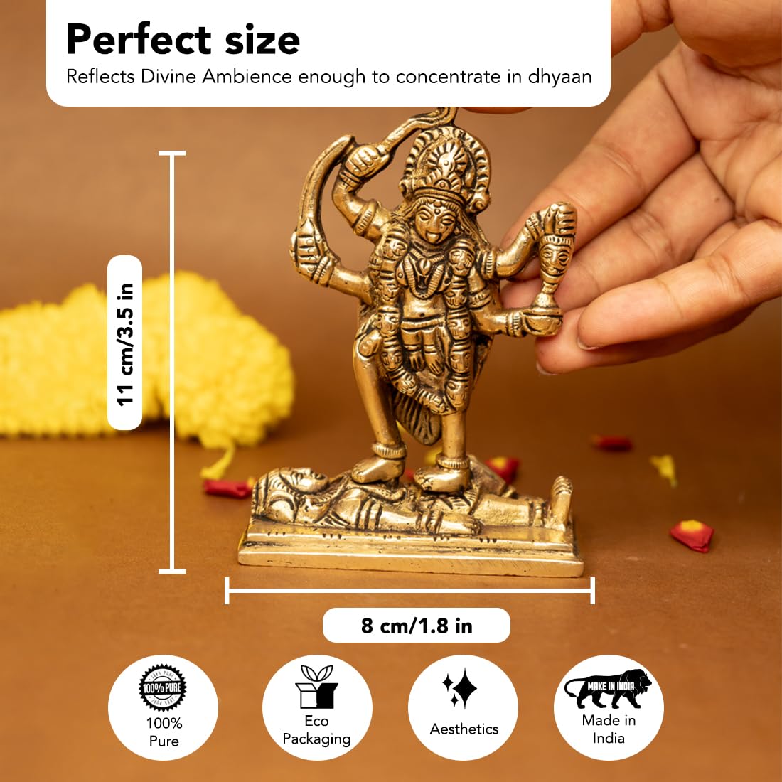 100% Pure Brass MATA Rani Murti (Size: 11 cm) | Kali Maa Idol for Car Dashboard, Pooja Room, Home Decor & Office Desk | Maa Kaali Goddess Idol | Kali MATA Murti for Home