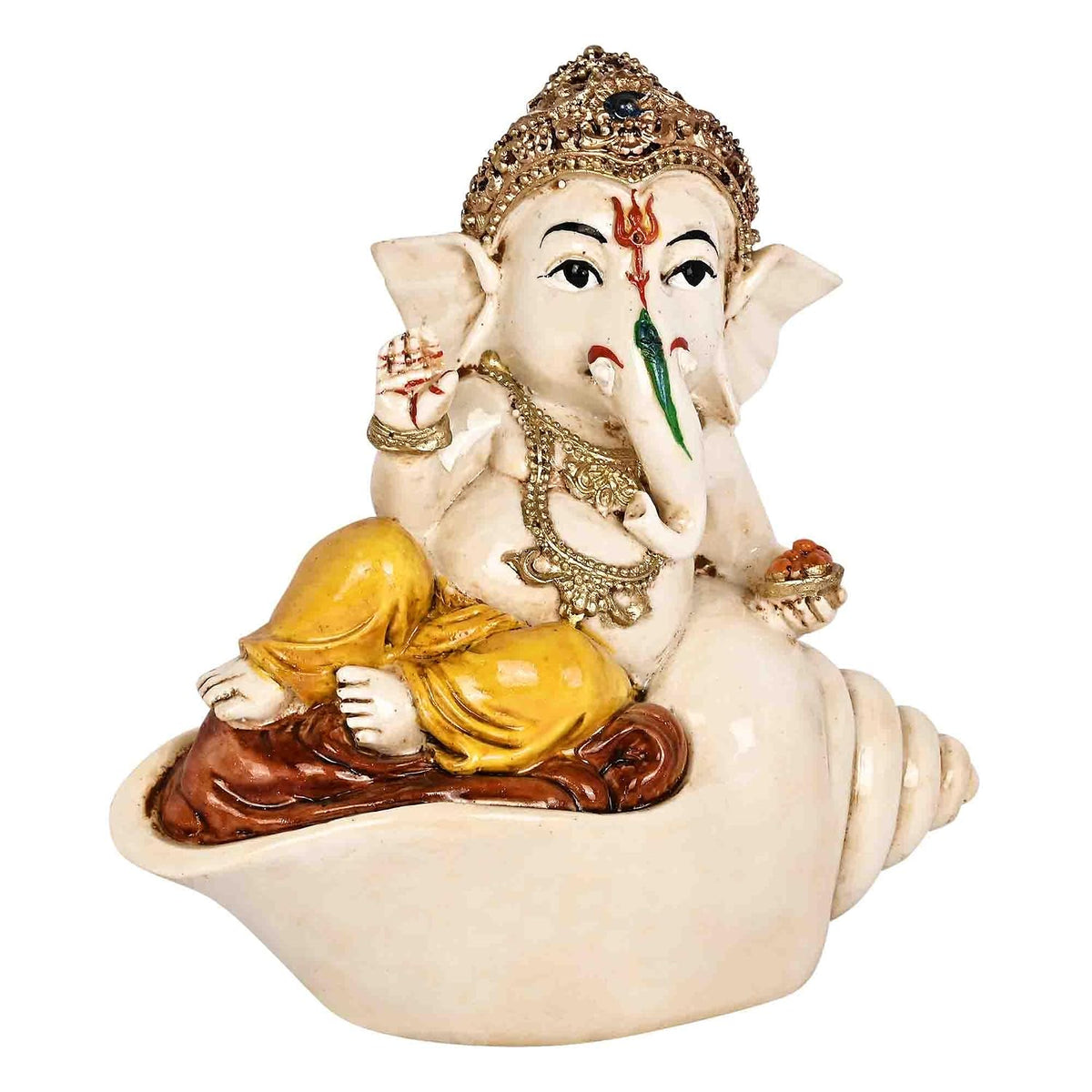 Lord Ganesh Idol 13 x 12 cm | Colourful Polyresin Statue of Ganesh Sitting on Shell | Handcrafted Decorative Figurine for Pooja Mandir, Home Temple, Showcase & Gifting