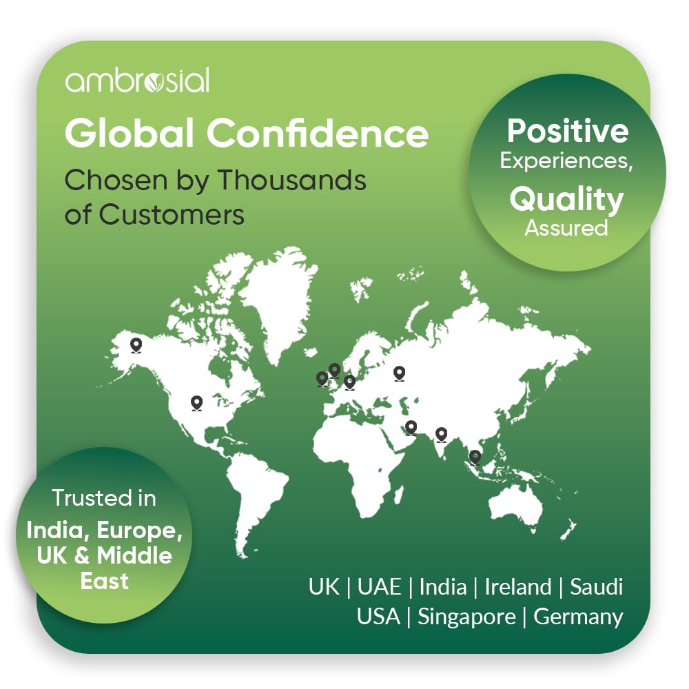 World map on a green background with Ambrosial branding and text about global confidence and customer trust.
