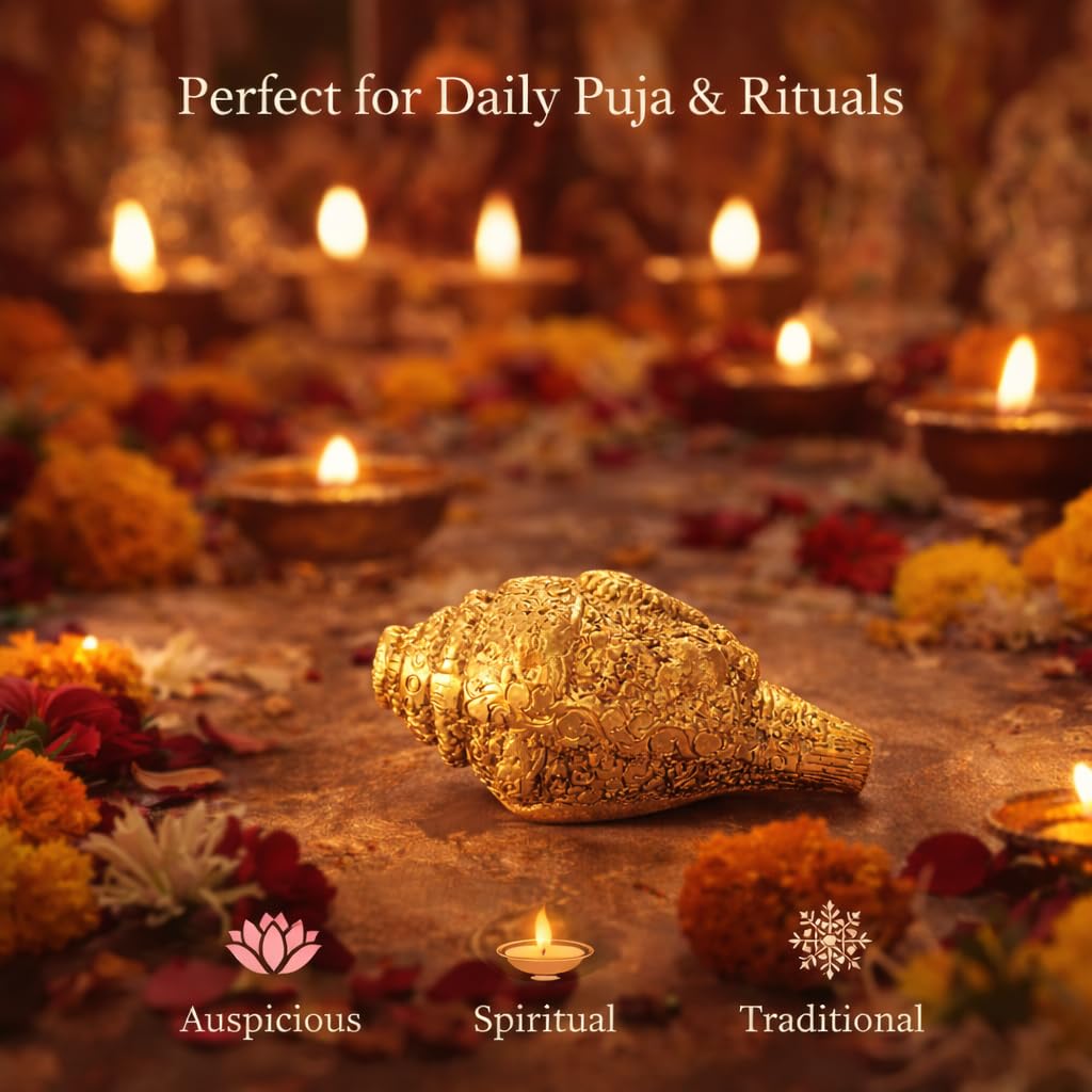 Kalakriti Metal Shankh Showpiece | Antique Gold Plated Carved Conch for Pooja Temple Vastu | Decorative Sankh for Home Décor | Auspicious Diwali Religious Gift (1 Pc)