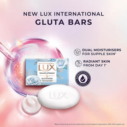 LUX International Smooth & Radiant Bathing Soap 4 x130g, LUXURIOUS BATHING EXPERIENCE, Smooth & Moisturized skin, with Glutathione & French Moisturizer, Improves Skin Texture, White Rose Fragrance