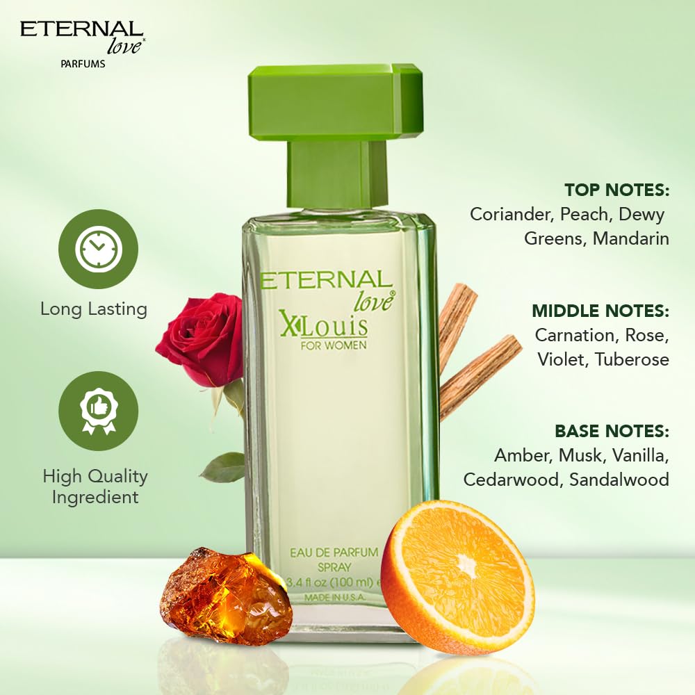 Perfume bottle labeled 'Eternal Love' with floral and fruit elements on a light green background
