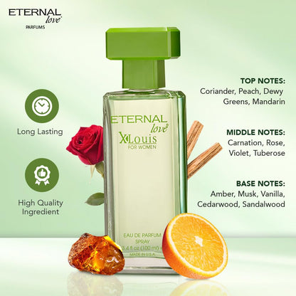 Perfume bottle labeled 'Eternal Love' with floral and fruit elements on a light green background