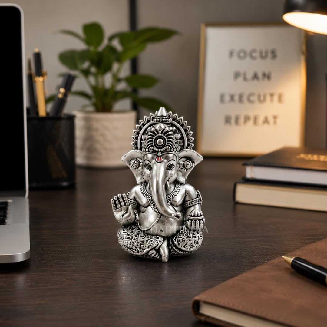 Gold Art India Ganesh Idol 999 Silver Plated Antique Matte | 3 x 2 Inch Ganesha Murti with Peacock Blue Velvet Gift Box | Home Temple, Office Desk & Spiritual Gift