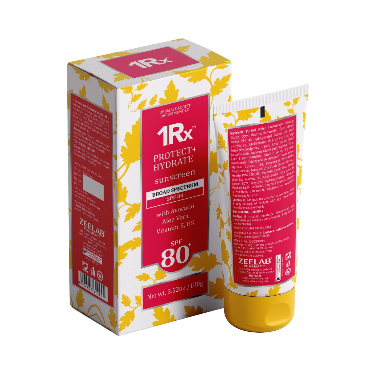 1RX sunscreen packaging with box and tube on a white background