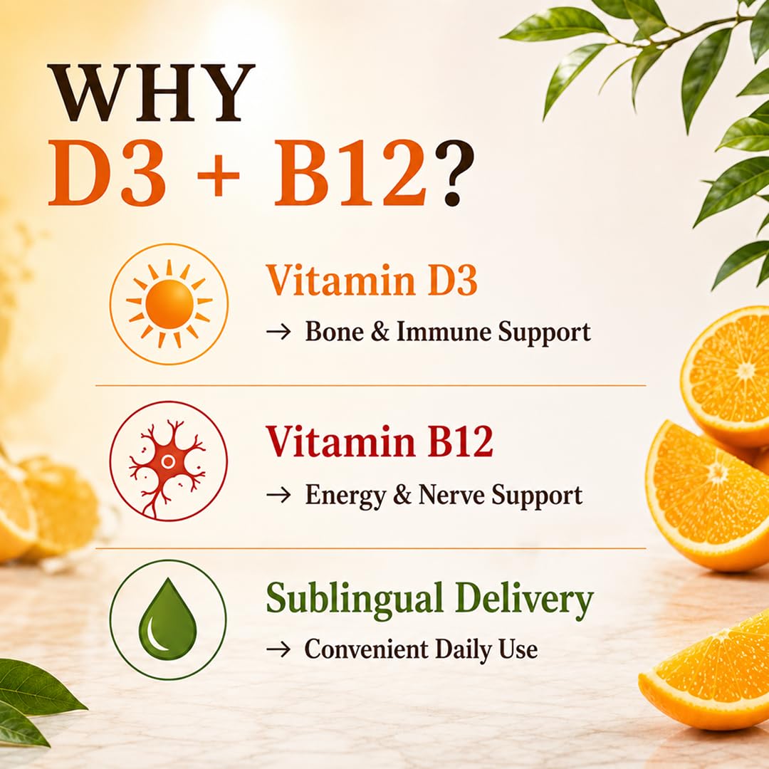 KuerZen DB12 Vitamin D3 + Vitamin B12 Sublingual Liquid Drops | Sugar Free Daily Vitamins | Bone, Energy, Nerve & Immune Support | Vitamin B12 Deficiency Supplement | Orange Flavour | 30ml