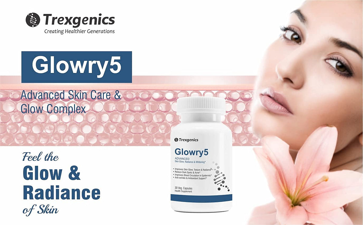 Trexegenics Glowry5 Advanced Skin Care & Glow Complex with a woman's face and flower in the background
