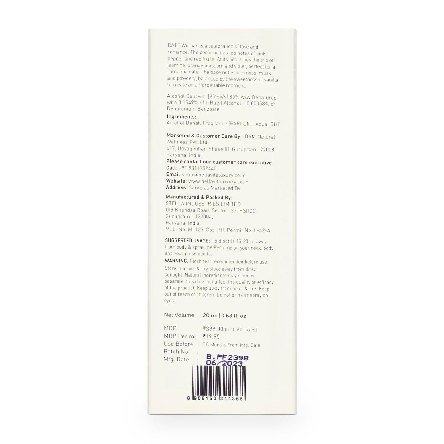 Back of a product packaging with text and a barcode on a white background