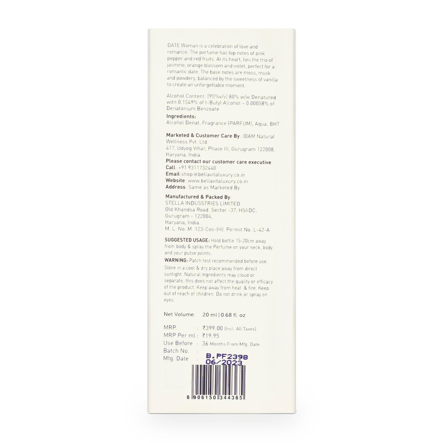 Back of a product packaging with text and a barcode on a white background