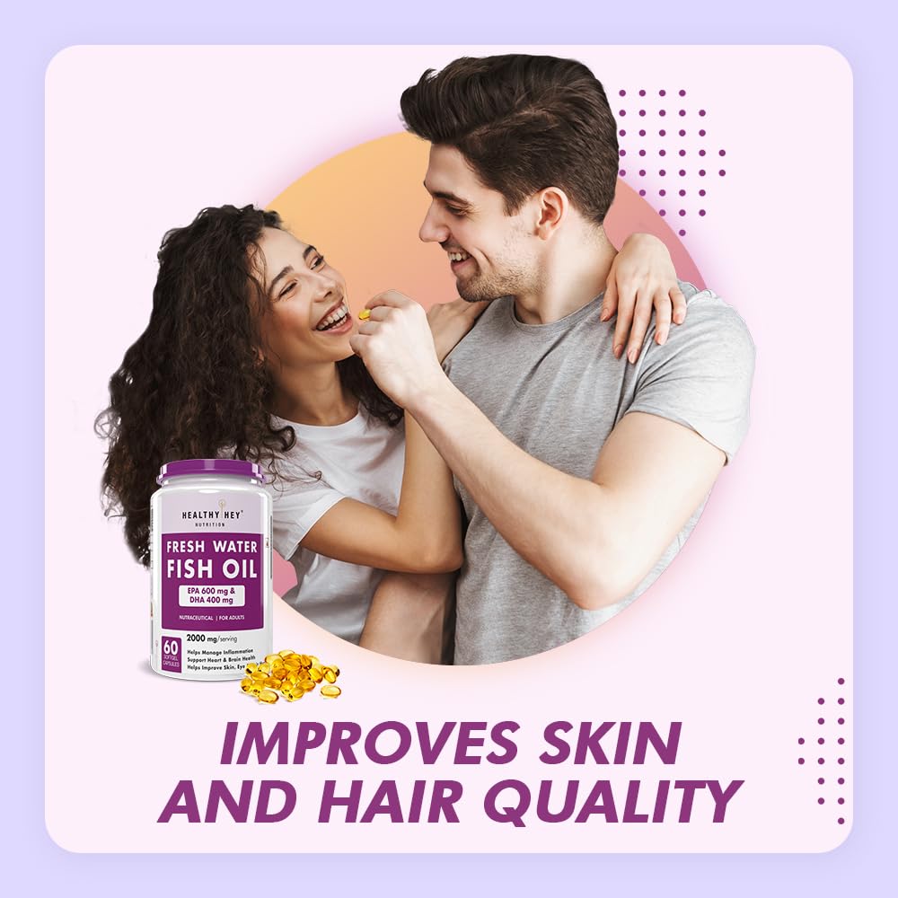 Couple embracing with a bottle of fish oil and text about skin and hair quality improvement on a light purple background.