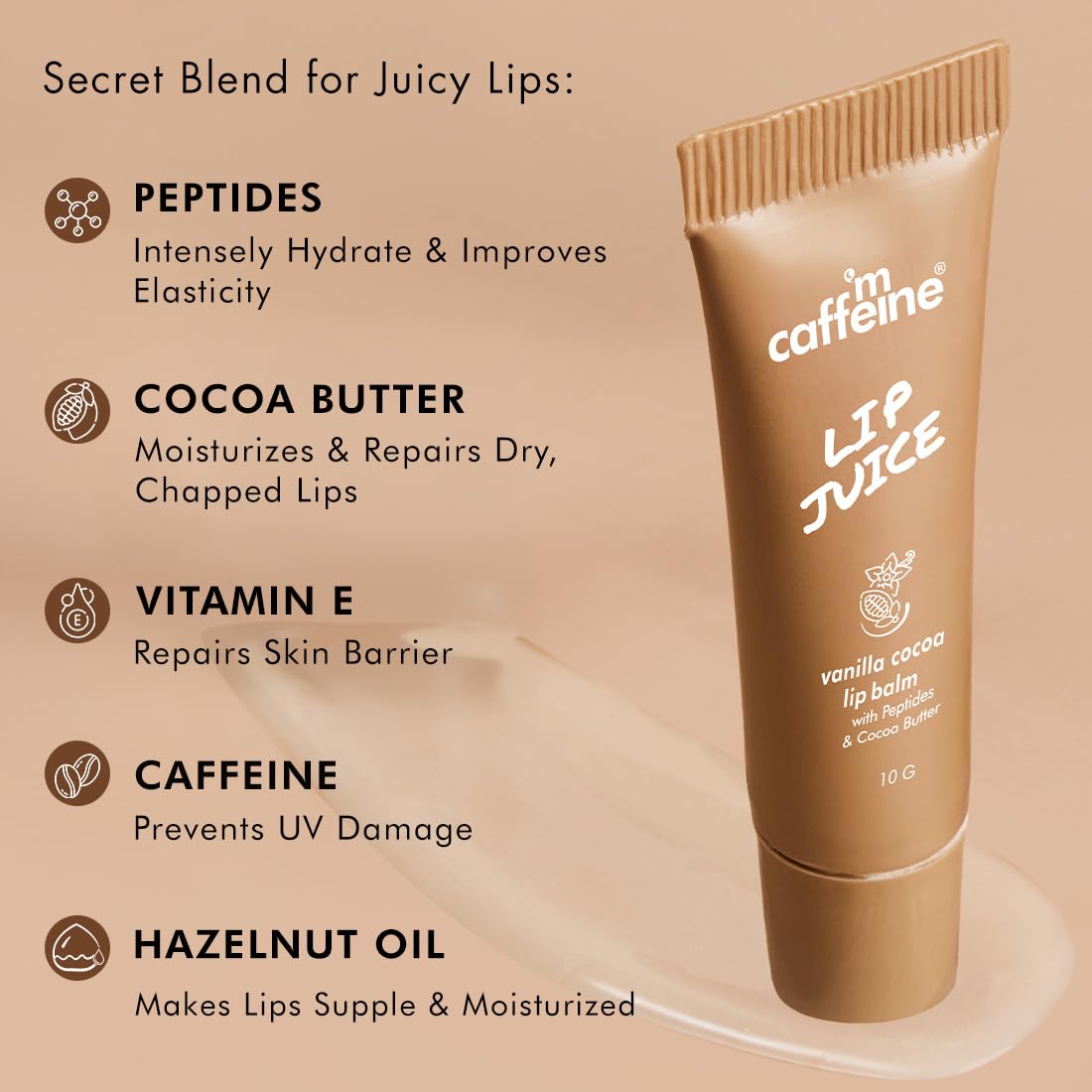 Tube of m caffeine lip balm with ingredients listed on a beige background