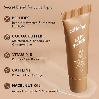 Tube of m caffeine lip balm with ingredients listed on a beige background