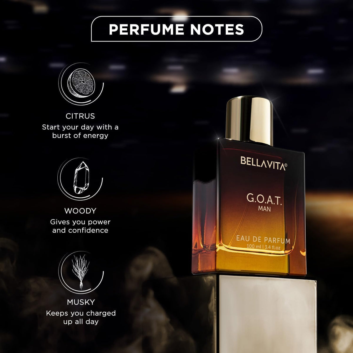 Bottle of Bellavita G.O.A.T. Man Eau de Parfum with perfume notes on a dark background