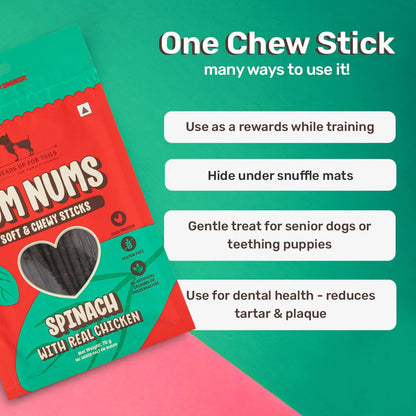 Yum Nums by HUFT Soft & Chewy Sticks - 70 gm | Spinach with Real Chicken Dog Treats | Healthy Dog Snacks | Puppy Training Treats | Veg & Non-Veg Treats for Small & Adult Dogs