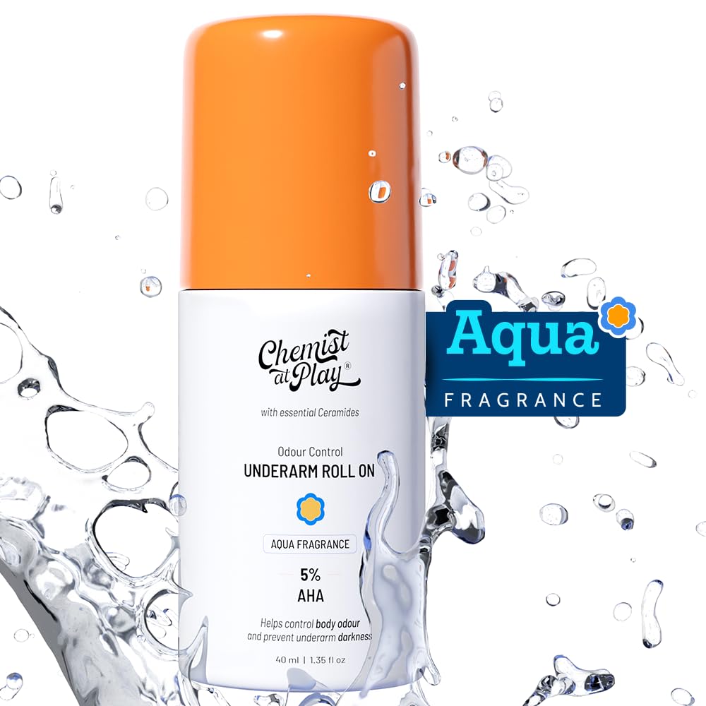Chemist at Play UnderArm Roll-On with 5% AHA, Lactic Acid & 1% Mandelic Acid | Prevents Body Odour, Brightens Skin & Exfoliates Underarm | For Sensitive Skin | Aqua Fragrance | Alcohol Free - 40ml