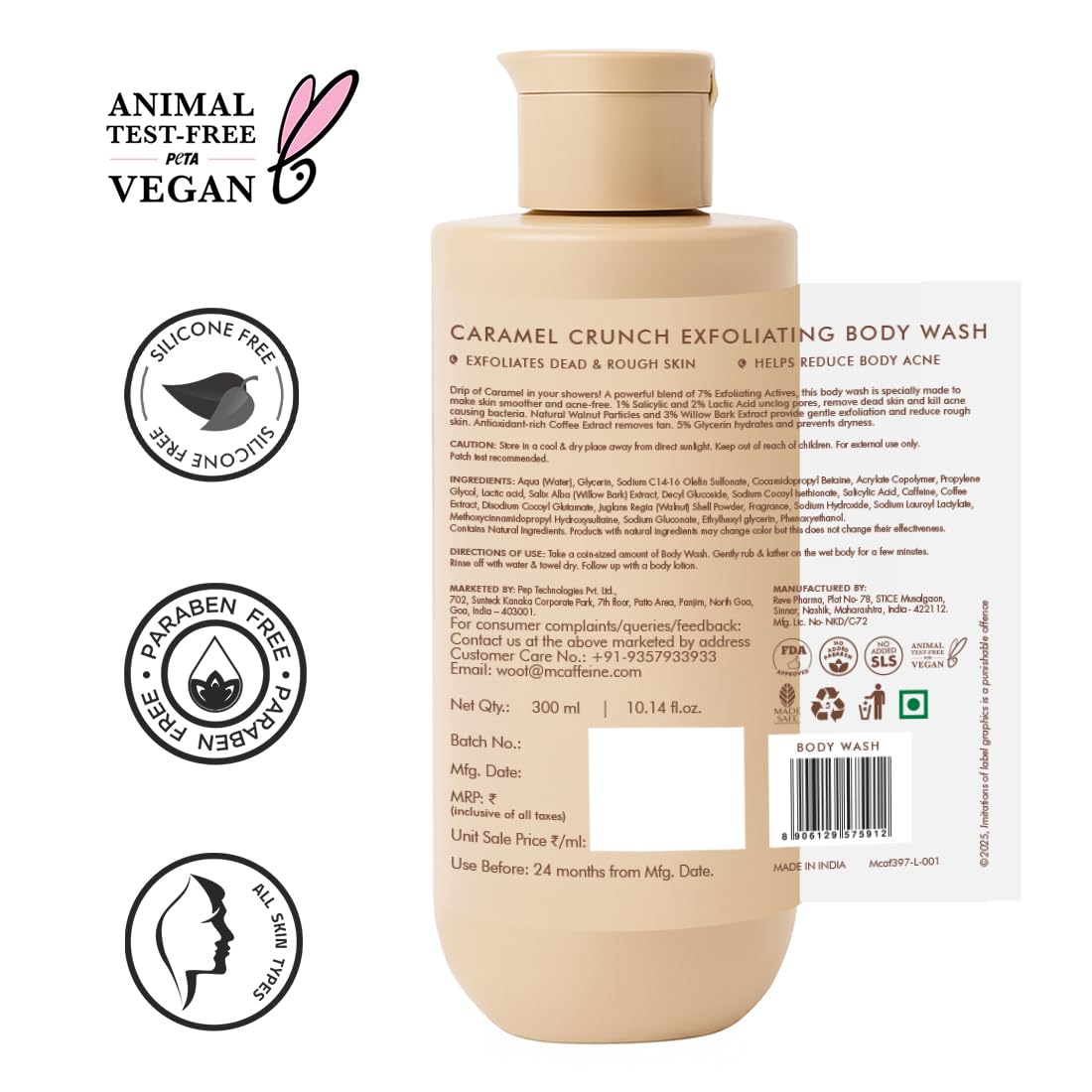 Beige body wash bottle with labels indicating animal test-free, vegan, silicone-free, paraben-free, and gluten-free.