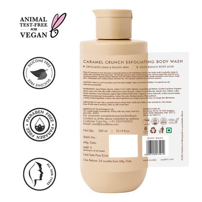 Beige body wash bottle with labels indicating animal test-free, vegan, silicone-free, paraben-free, and gluten-free.