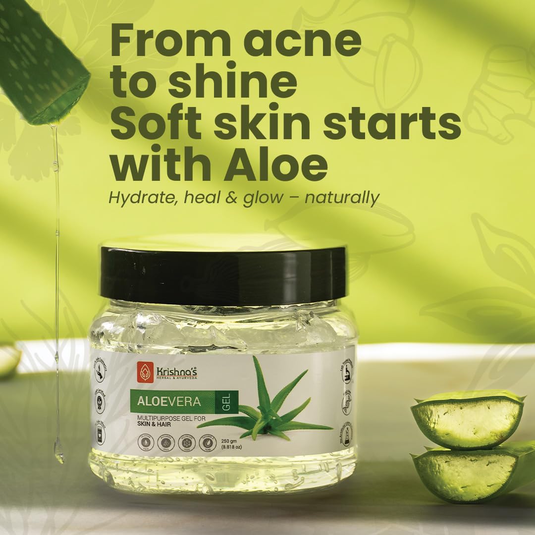 KRISHNA's HERBAL & AYURVEDA Aloe Vera Gel - 500 G Pure White Non-Sticky Transparent 3 In 1 Aloe Fresh Soothing Gel For Skin, Body & Hair, Vitamin C+E Natural Emollients, Dark Spots And Acne