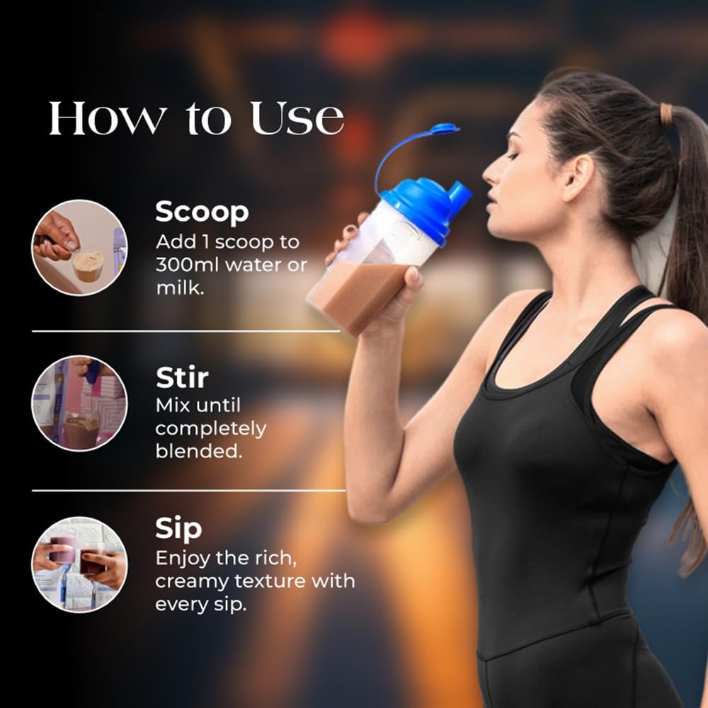 Woman holding a protein shake with instructions on how to use it.