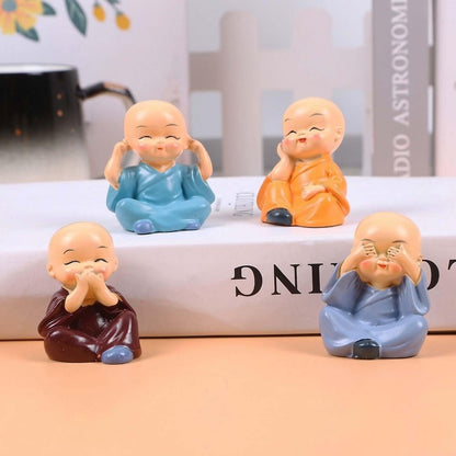 Resin Buddha Monk Statues, Small, Multicolour, Set of 4 Buddha Figurine Good Luck Sculpture Decoration for Indoor Outdoor Garden car Dashboard Porch Yard Art Decor