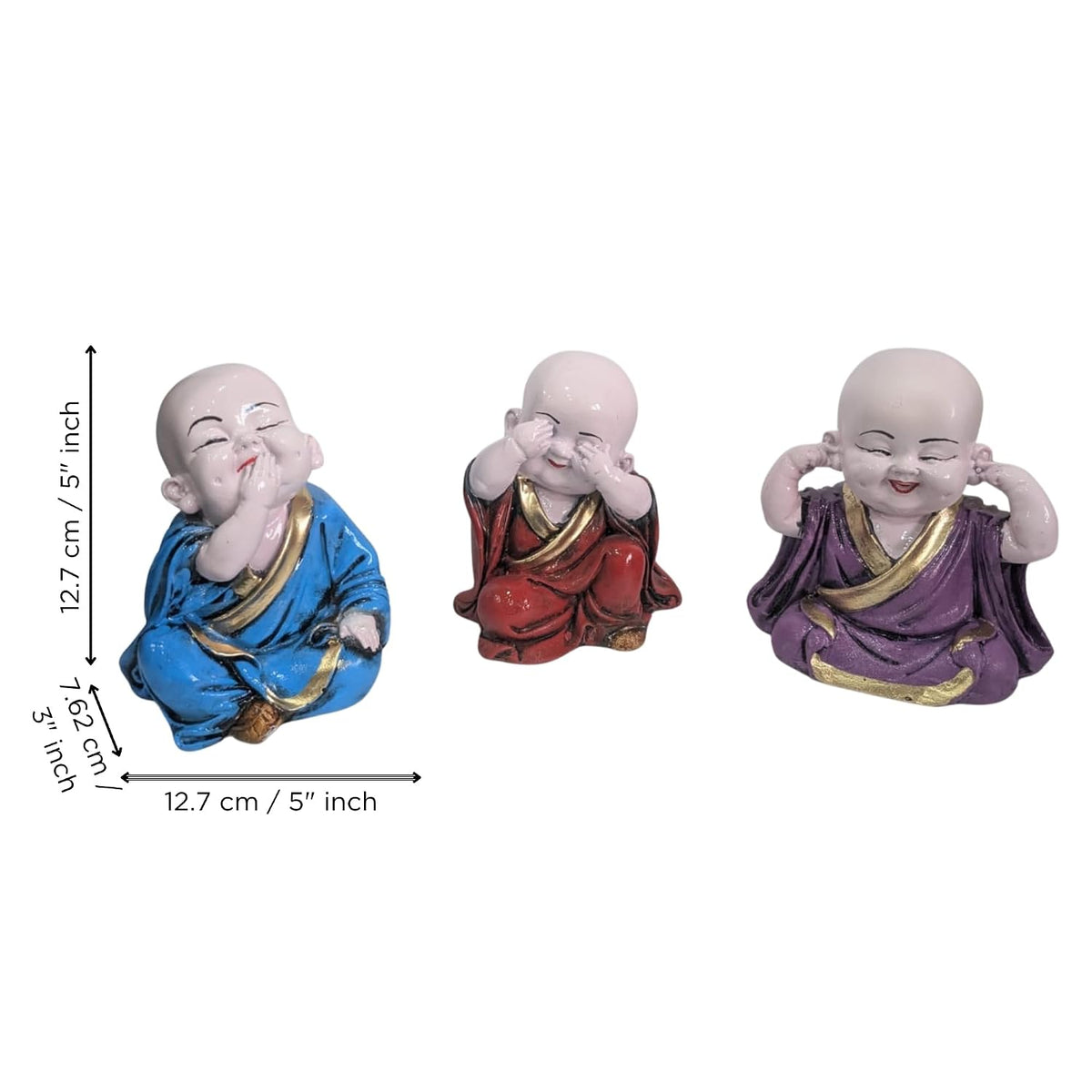 eCraftIndia Resin Blue, Red & Purple Think No Evil, Speak No Evil, Hear No Evil Set of 3 Cute Little Monk Buddha Statues Decorative Showpieces for Car Dashboard, Home & Office Decor