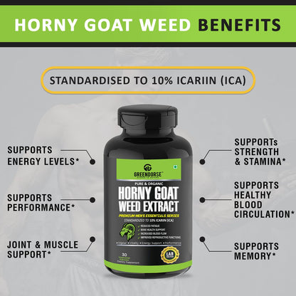 GREENDORSE Horny Goatweed (Epimedium) Extract Capsule | High Potency 10% Icariin by HPLC | For better Circulation, Strength, Stamina, Performance & Energy - 30 Veg Capsules