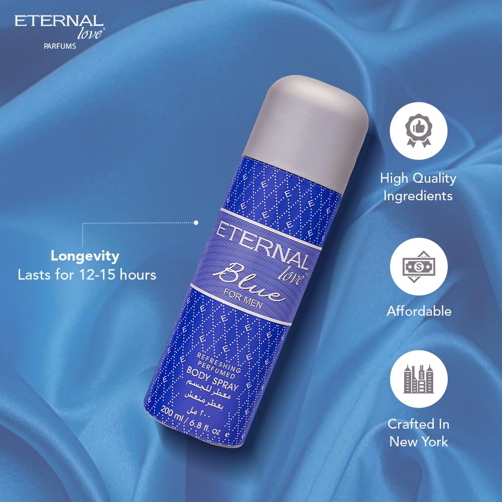 Eternal Love body spray bottle on a blue background with product features highlighted.