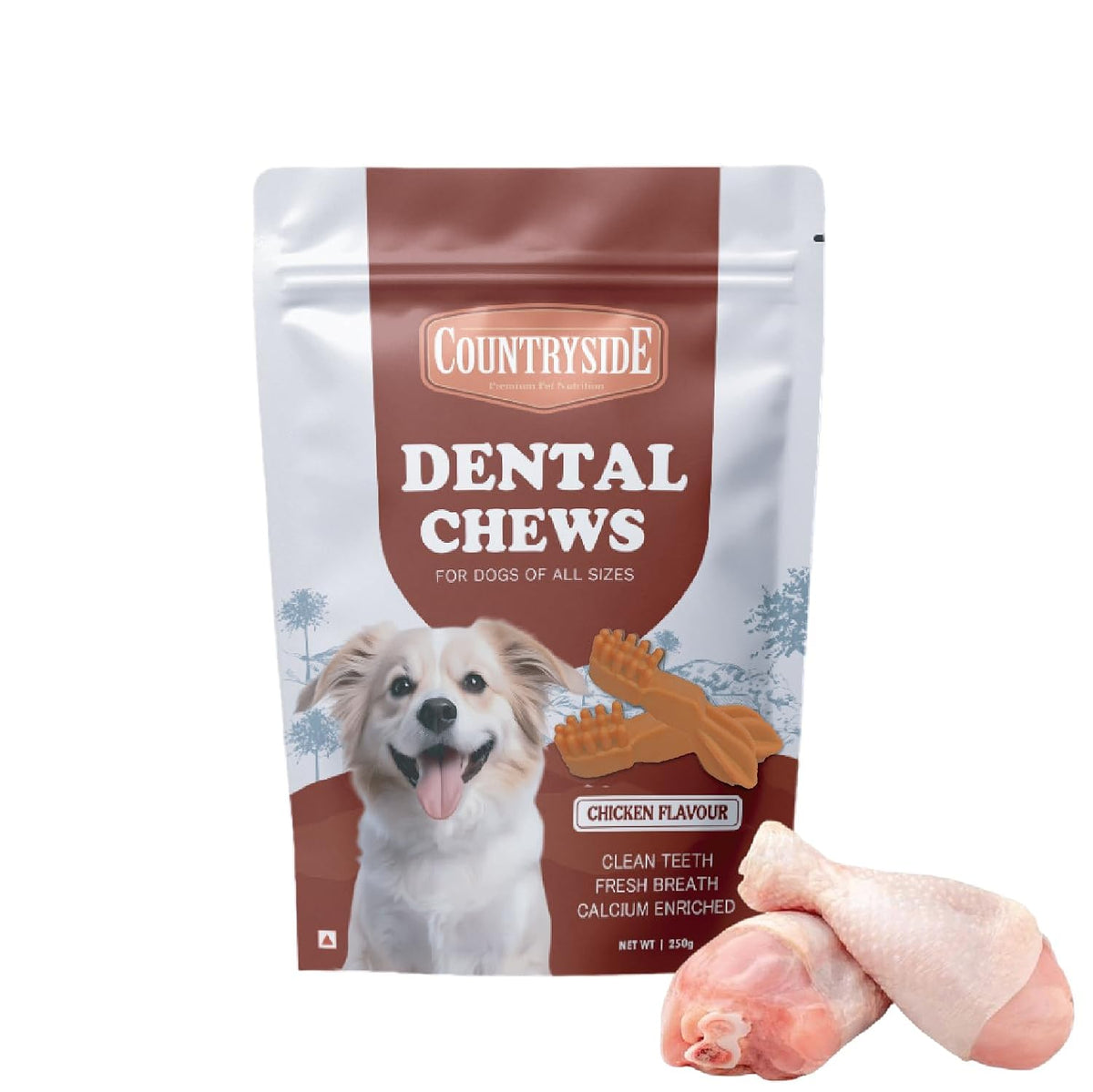 COUNTRYSIDE Dog Dental Chews Treats 250g – Chicken Flavor | Brush-Shaped Chews for Dogs, Oral & Gum Care for Dogs | Fights Plaque & Tartar | Freshens Breath | Calcium Enriched & Gluten Free