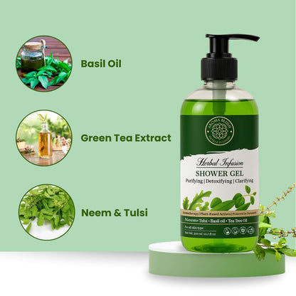 Aromablush - Herbal Infusion Shower Gel | Neem, Tulsi, Tea Tree & Basil Oil | Purifies & Detoxifies | Antibacterial, Sulfate-Free, Paraben-Free | Herbal Detox for Oily & Sensitive Skin | 300ml