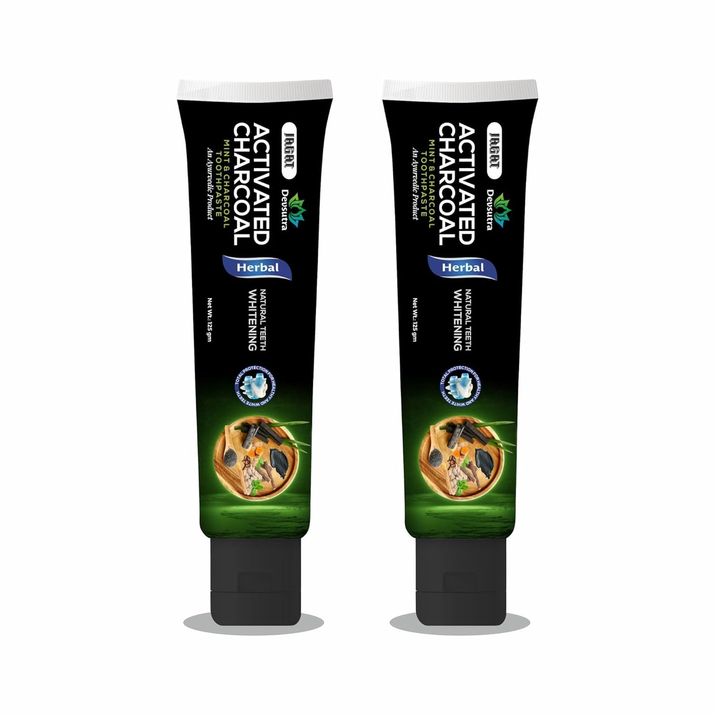 Jagat Devsutra Dr. Trusted Ayurvedic HERBAL Activated Charcoal Toothpaste for Teeth Whitening - 100% Natural Formula with Mint Flavour, No Fluoride & Artificial Colours - Pack of 2 (125g x 2)