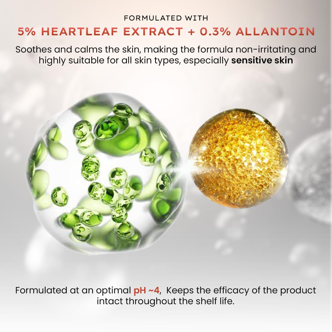 Product advertisement with green and gold elements on a gray background, highlighting heartleaf extract and allantoin.