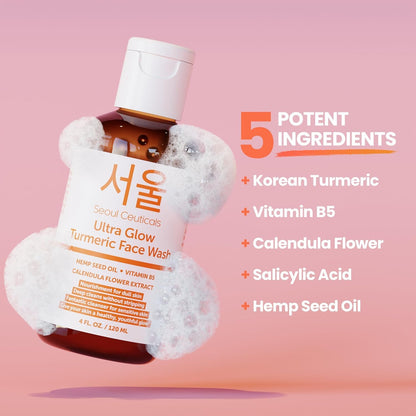 SeoulCeuticals Korean Face Wash Cleanser – 120ml Turmeric Face Wash with Hemp Seed Oil & Calendula – Hydrating Vegan Face Cleanser for Soft, Balanced Skin – K Beauty Skin Care for Dry & Sensitive Skin